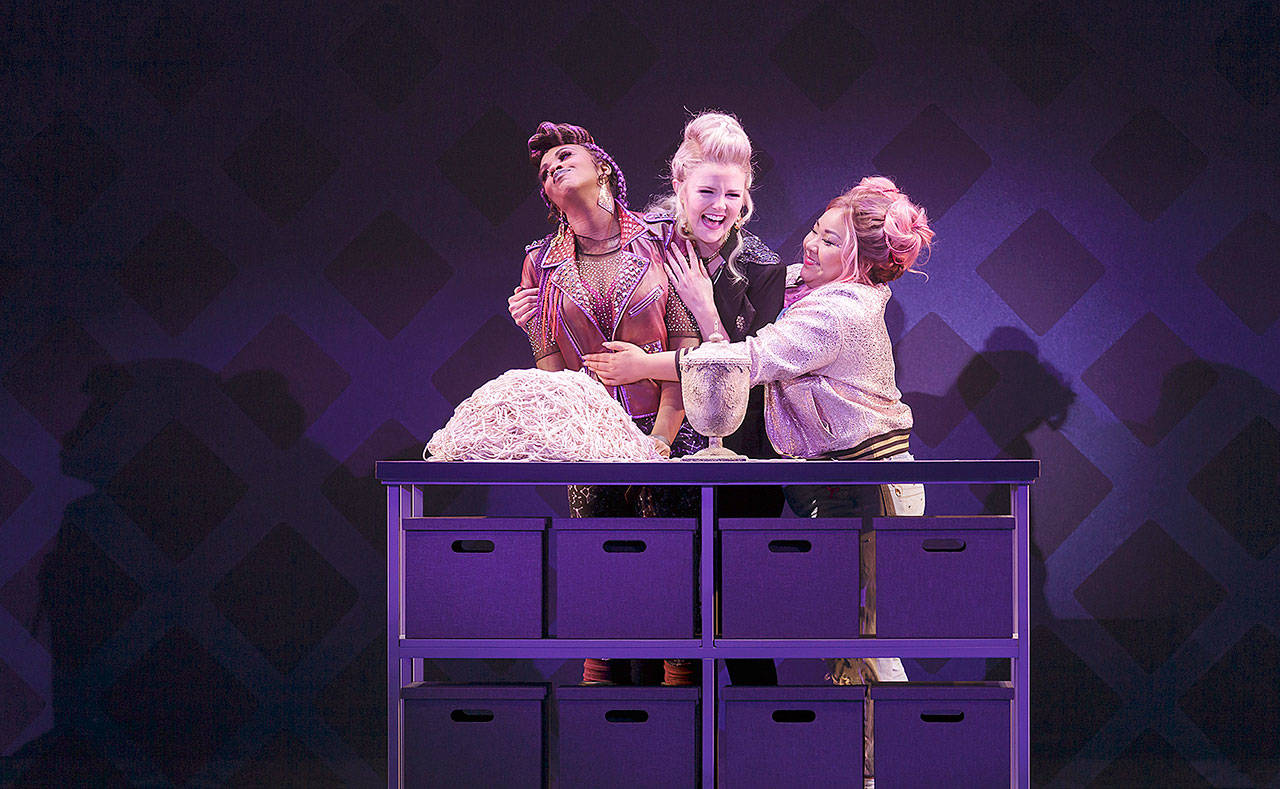 Lauren Du Pree (Lachesis), Jessica Skerritt (Atropos) and Sara Porkalob (Clotho) are The Fates of Greek mythology in Village Theatre’s production of “String.” The new musical is showing at the Everett Performing Arts Center through May 20. (Mark Kitaoka)