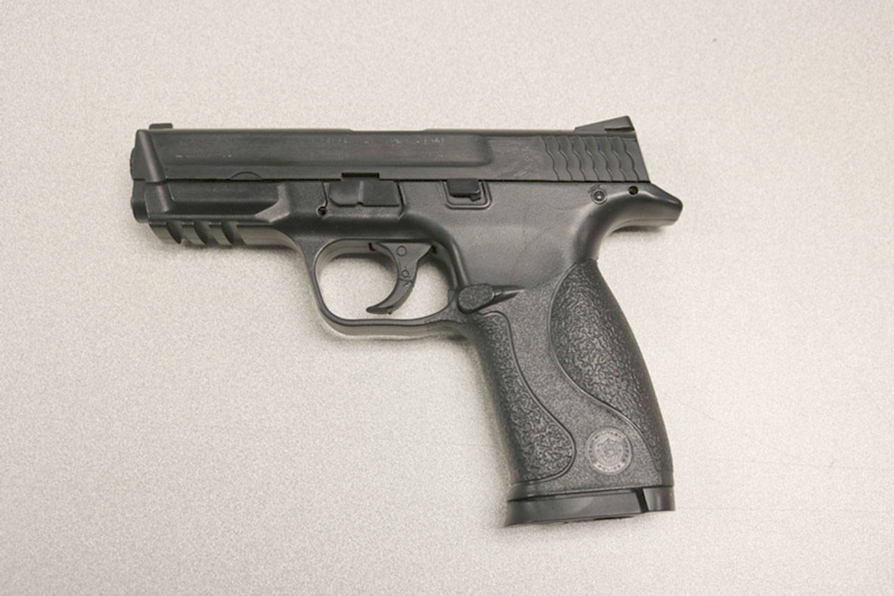 A student reportedly threatened another student at Edmonds-Woodway High School on Tuesday morning with this air gun made to look like a real handgun. (Photo courtesy of the Edmonds Police Department)