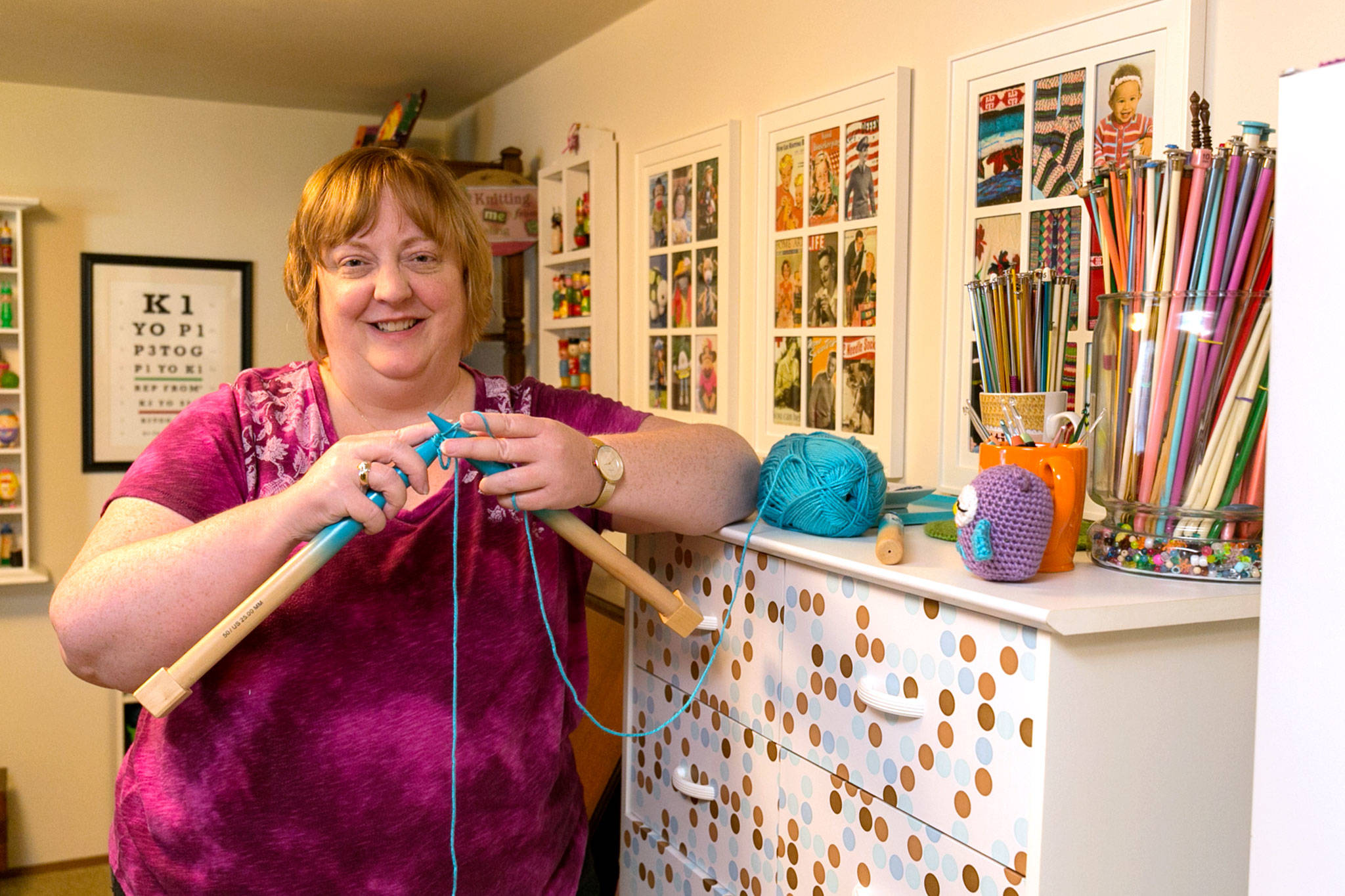Kim Payne in her knitting room at her home in Everett on May 13, 2018. (Kevin Clark / The Herald)