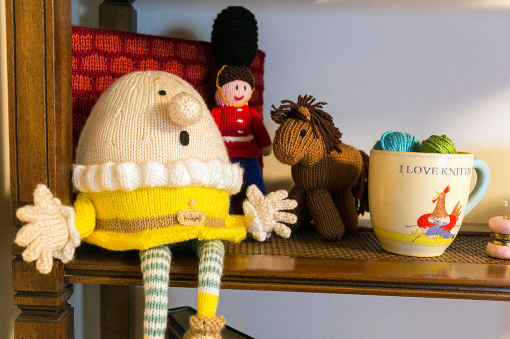 Sample of Kim Payne’s knitting dot her knitting room at her home in Everett on May 13, 2018. (Kevin Clark / The Herald)
