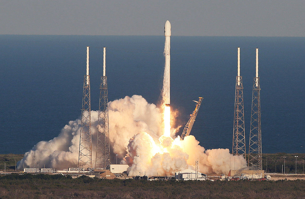 A SpaceX Falcon 9 rocket lifts off April 18 from Cape Canaveral Air Force Station in Florida. (Red Huber/Orlando Sentinel)