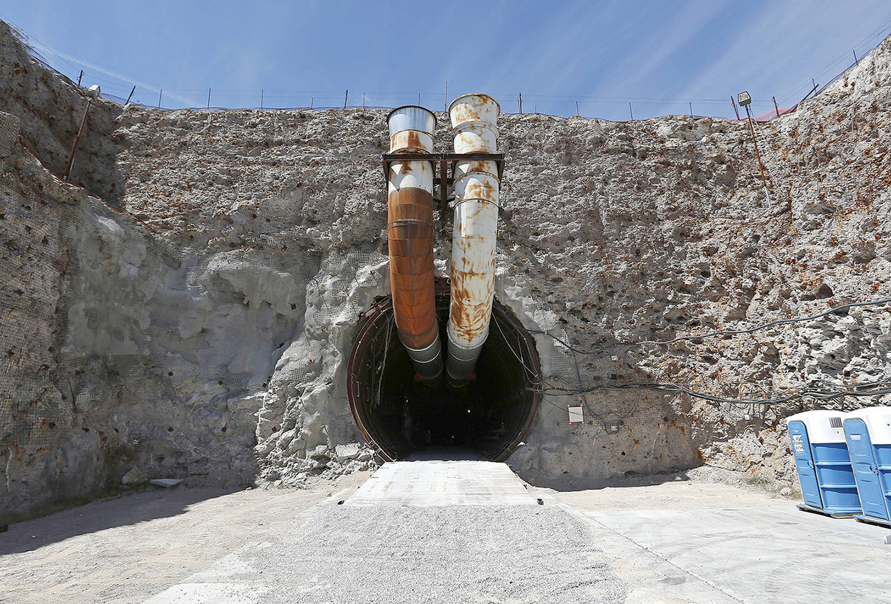This April 2015 photo shows the south portal of the proposed Yucca Mountain nuclear waste dump near Mercury, Nevada. (AP Photo/John Locher, File)