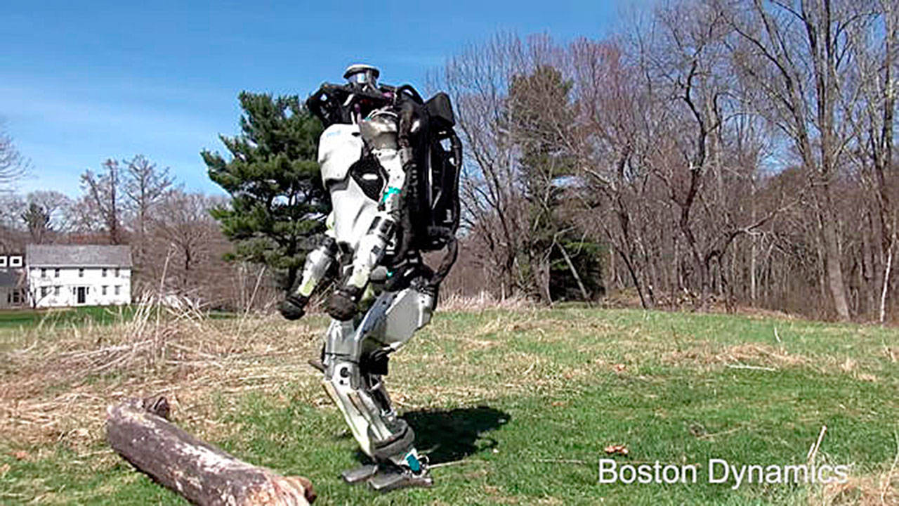 Atlas prepares to jump over a log while out for a demonstration jog. (Boston Dynamics)
