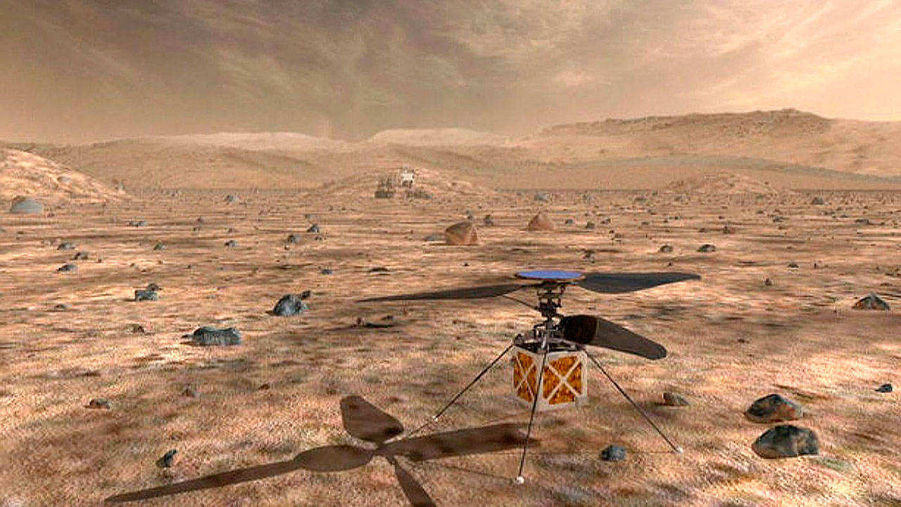 This artist’s rendering shows the Mars Helicopter, which will attempt to become the first craft to take flight on another planet. (NASA)