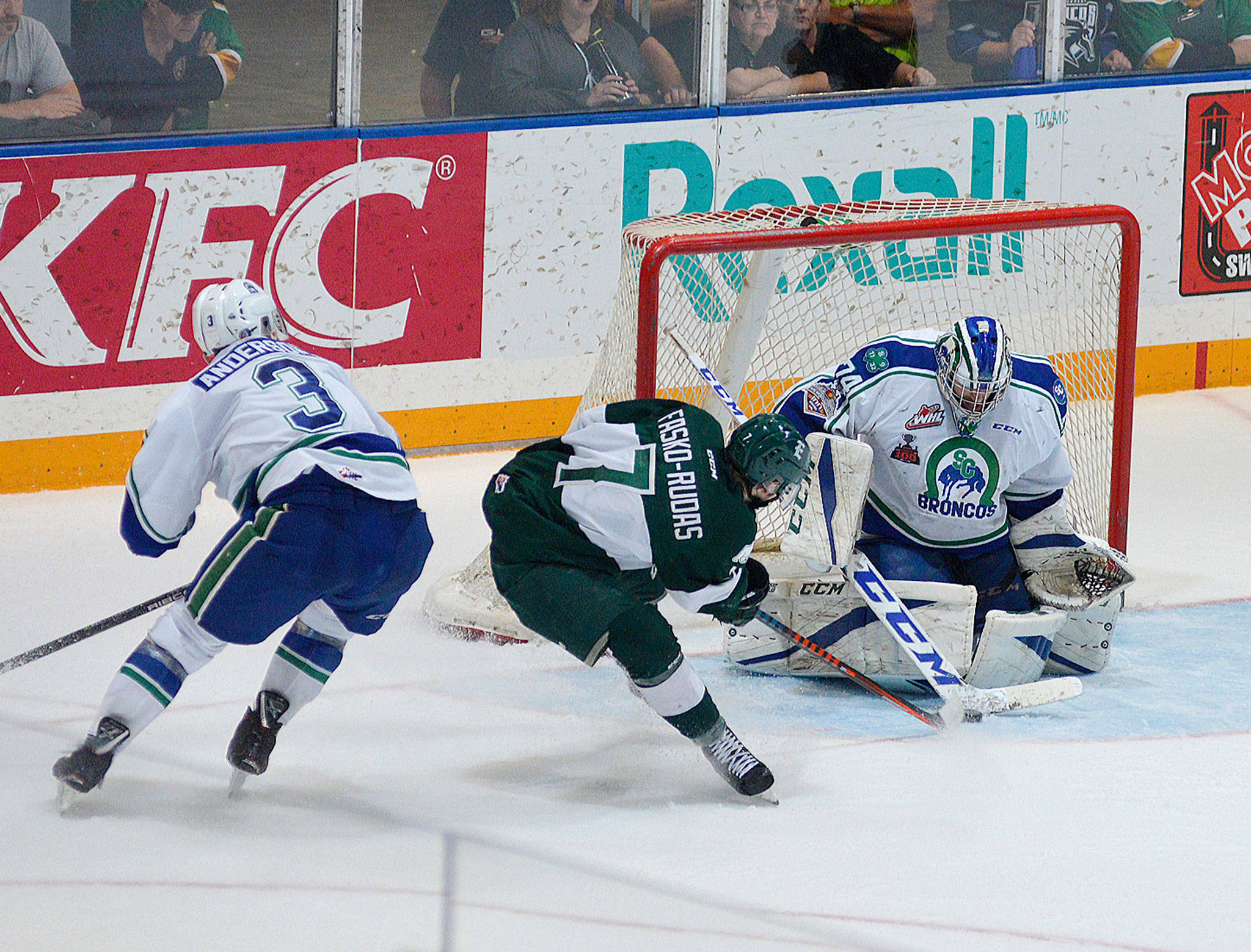 Everett’s Martin Fasko-Rudas is denied by Swift Current goalie Stuart Skinner during Game 6 of the WHL Finals on Sunday. (Steven Mah / Southwest Booster)