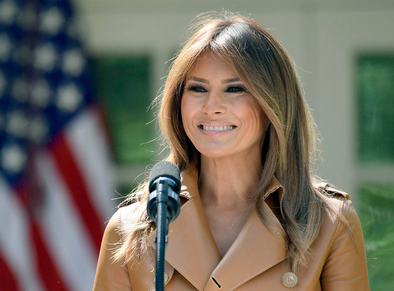 First lady Melania Trump speaks in the Rose Garden of the White House in Washington on May 7. (AP Photo/Susan Walsh)