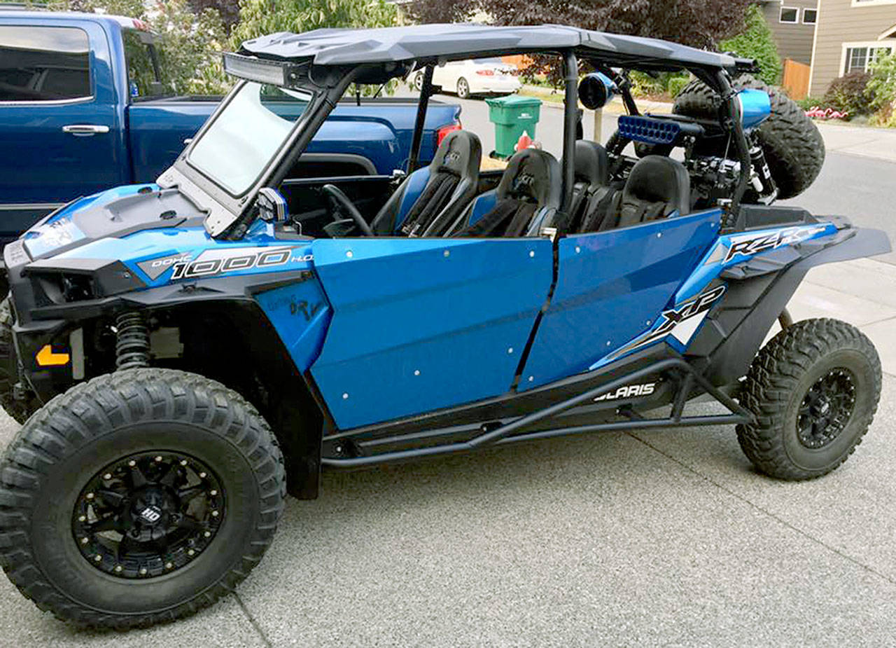 A Polaris RZR utility terrain vehicle gets Gabe Meekins through sand dunes, forest trails and around town in Stanwood just fine. He hopes more cities will open their streets to wheeled all-terrain vehicles. (Gabe Meekins photo)