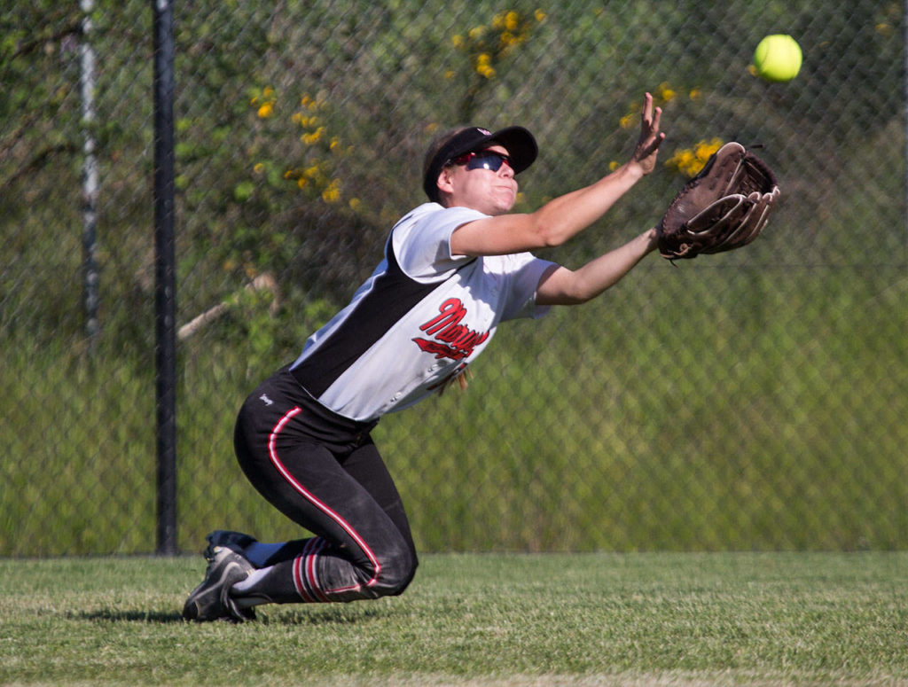 Marysville Pilchuck’s Chloe Morgan makes a diving catch during the Tomahawks’ 8-6 loss to Snohomish in a 3A District 1 semifinal Tuesday at Phil Johnson Fields in Everett. (Andy Bronson / The Herald)
