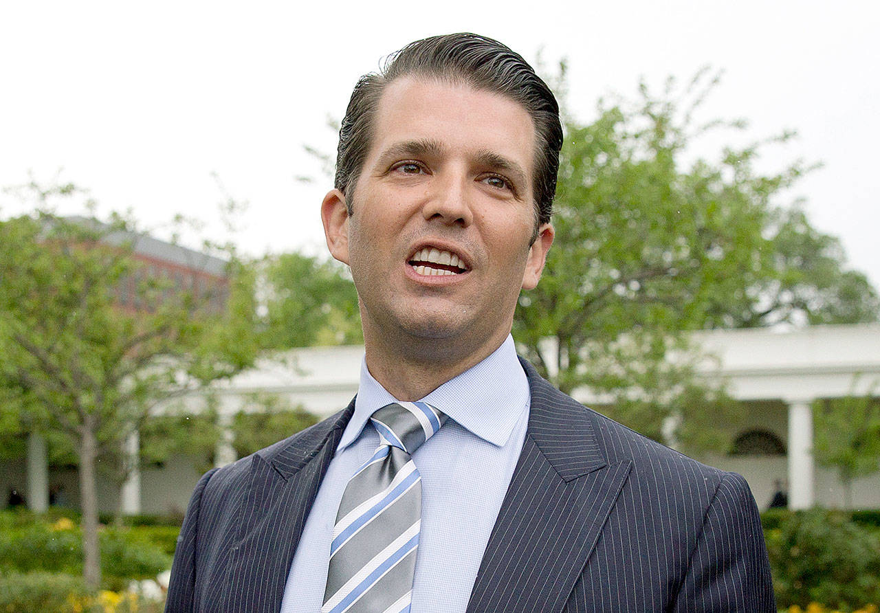 Donald Trump Jr., the son of President Donald Trump, speaks to media on the South Lawn of the White House in Washington last year. (AP Photo/Carolyn Kaster)