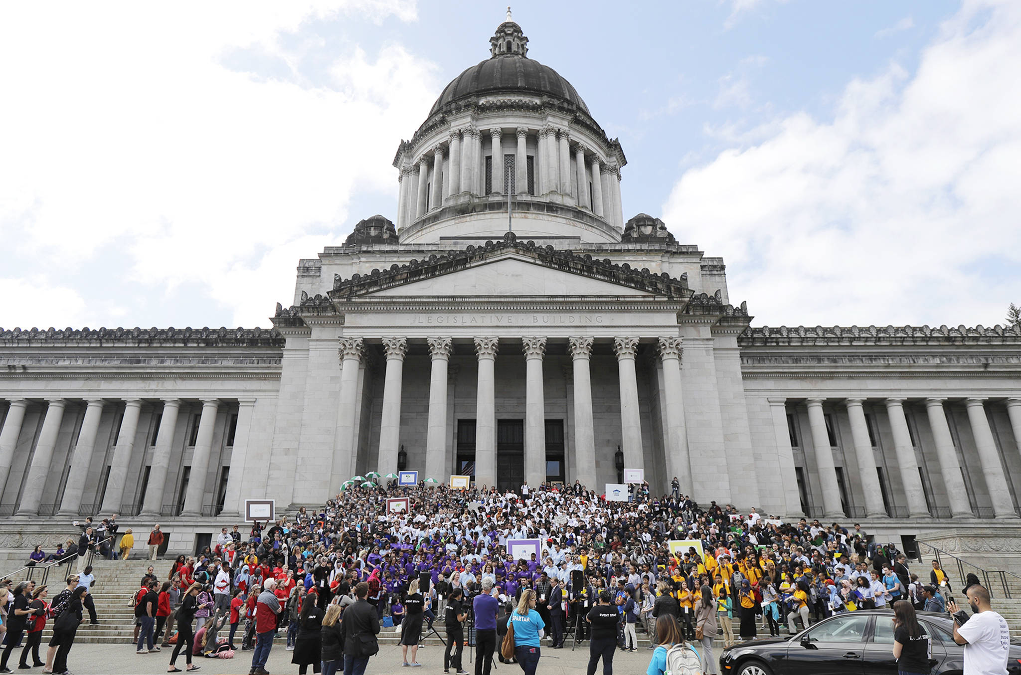 Hundreds of charter school students, teachers, and supporters rally at the Capitol in Olympia on Thursday. Teachers unions and other groups have sued over Washington state’s 2016 charter school law, which was enacted after the justices struck down the old law as unconstitutional. (AP Photo/Ted S. Warren)