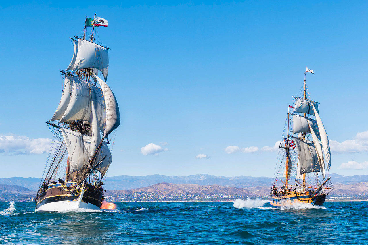 Lady Washington and Hawaiian Chieftain will fire mock cannons across Puget Sound in 18th century naval warfare reenactments May 26 and May 27. (Rick Horn)