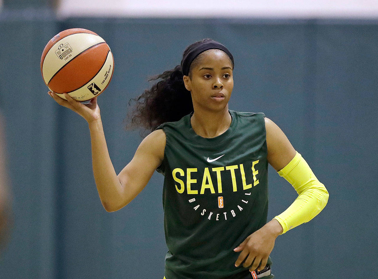 Guard Jordin Canada, the fifth overall pick in this year’s WNBA draft, is one of two rookies who made the Seattle Storm’s 2018 opening-night roster. (AP Photo/Elaine Thompson)