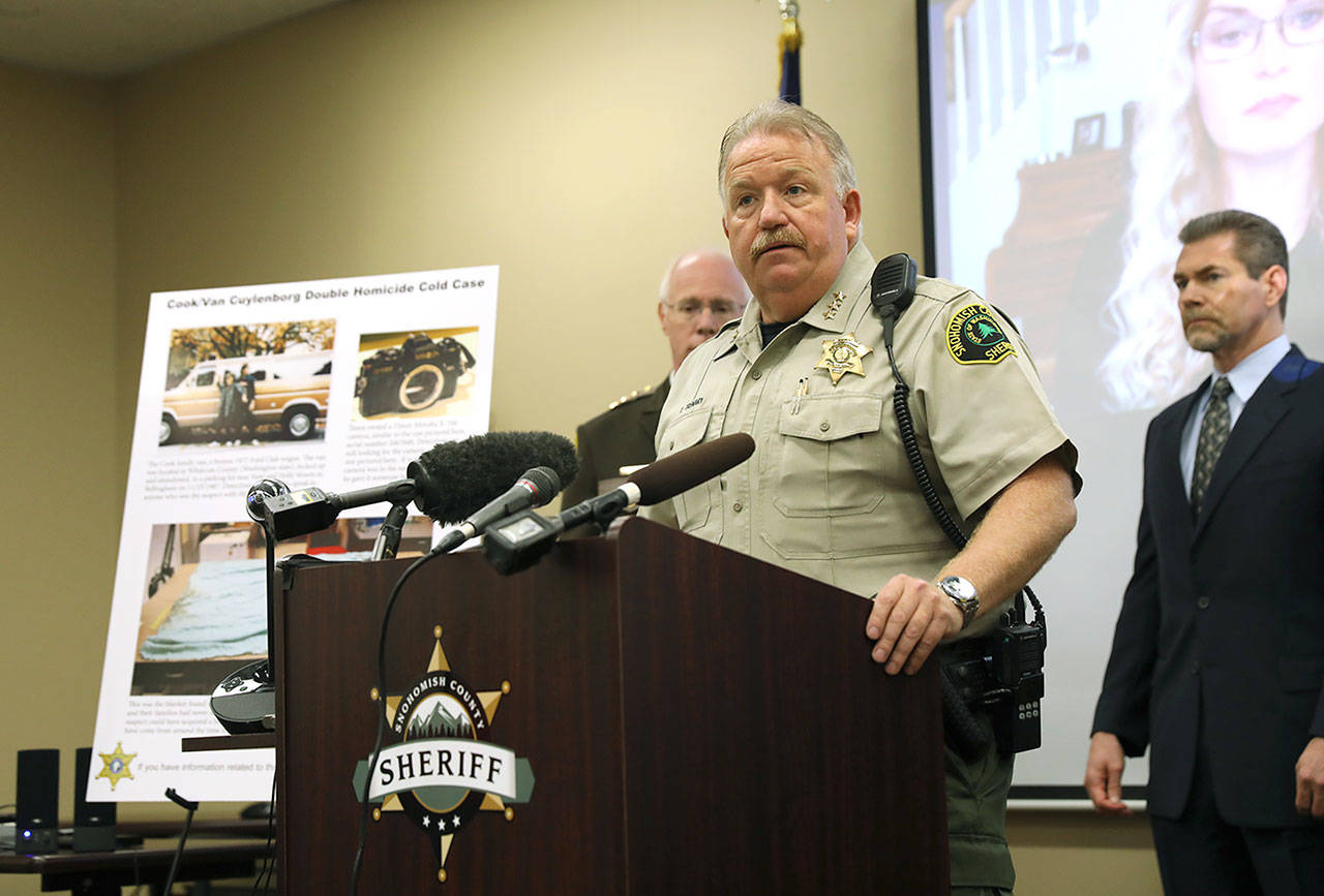 Snohomish County Sheriff Ty Trenary announces that a 55-year-old SeaTac man was arrested Thursday night in the 1987 deaths of young couple from British Columbia. (Lizz Giordano / The Herald)