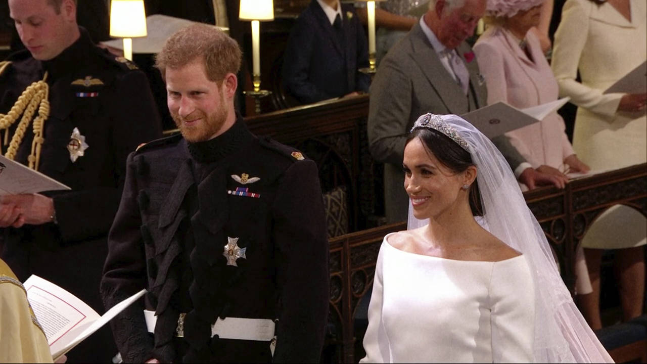 Britain’s Prince Harry and Meghan Markle stand during their wedding ceremony at St. George’s Chapel in Windsor Castle in Windsor, near London, England, on Saturday. (UK Pool/Sky News via AP)