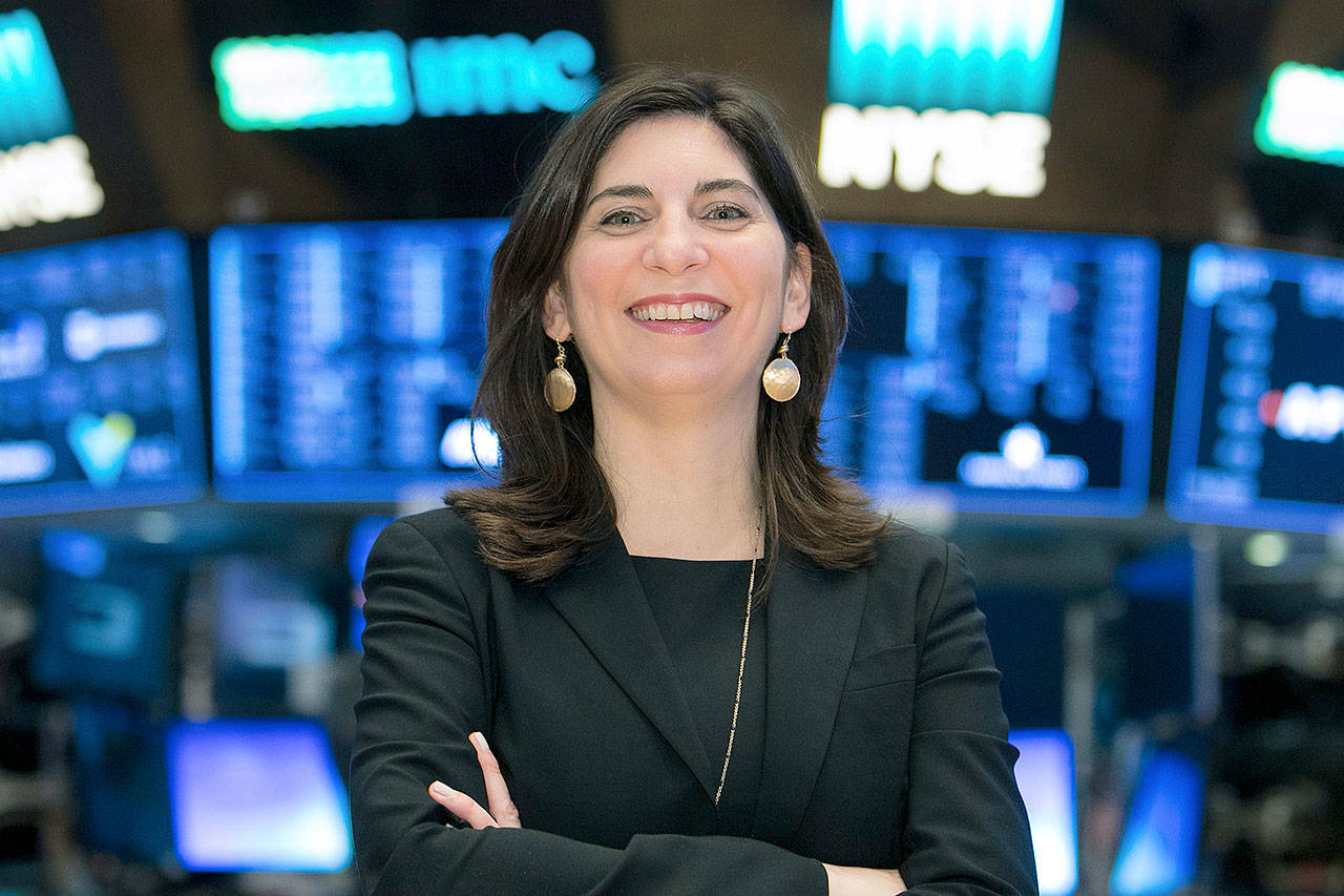 Stacey Cunningham poses for a photo at the New York Stock Exchange. Cunningham, the chief operating officer for the NYSE group, will become the 67th president of the Big Board. (Alyssa Ringler/NYSE via AP)