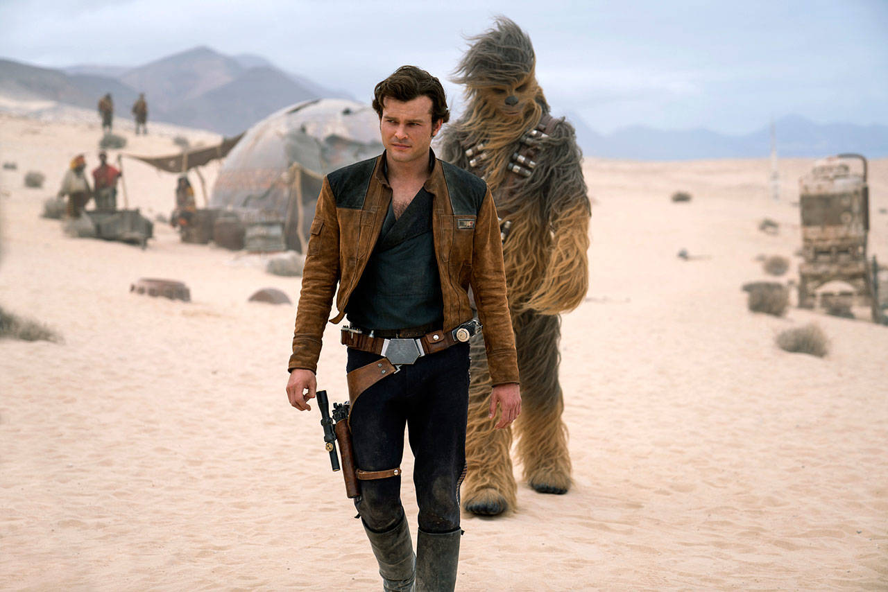 Alden Ehrenreich and Joonas Suotamo in a scene from “Solo: A Star Wars Story.” (Jonathan Olley/Lucasfilm)