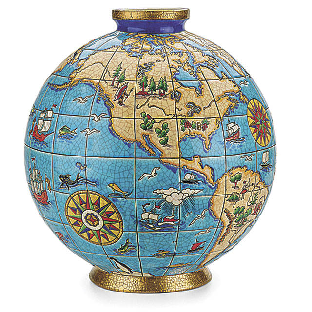 Cowles Syndicate Inc.                                This is a French vase that looks like a globe. It was made in the 1930s at Longwy, a French company. The vase has a name, Atlas, a maker who was a famous artist and an auction price of $4,063.