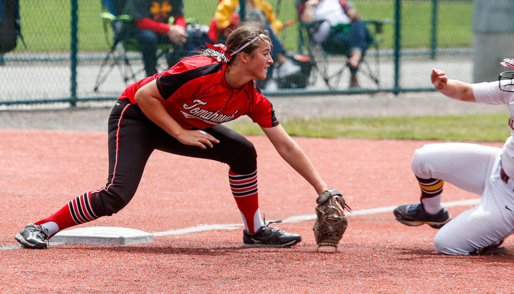 Marysville Pilchuck third baseman Lilianne Fischer gets ready to tag a Prairie runner during a 3A state tournament game on May 25, 2018, at the Regional Athletic Complex in Lacey. (Andy Bronson / The Herald)
