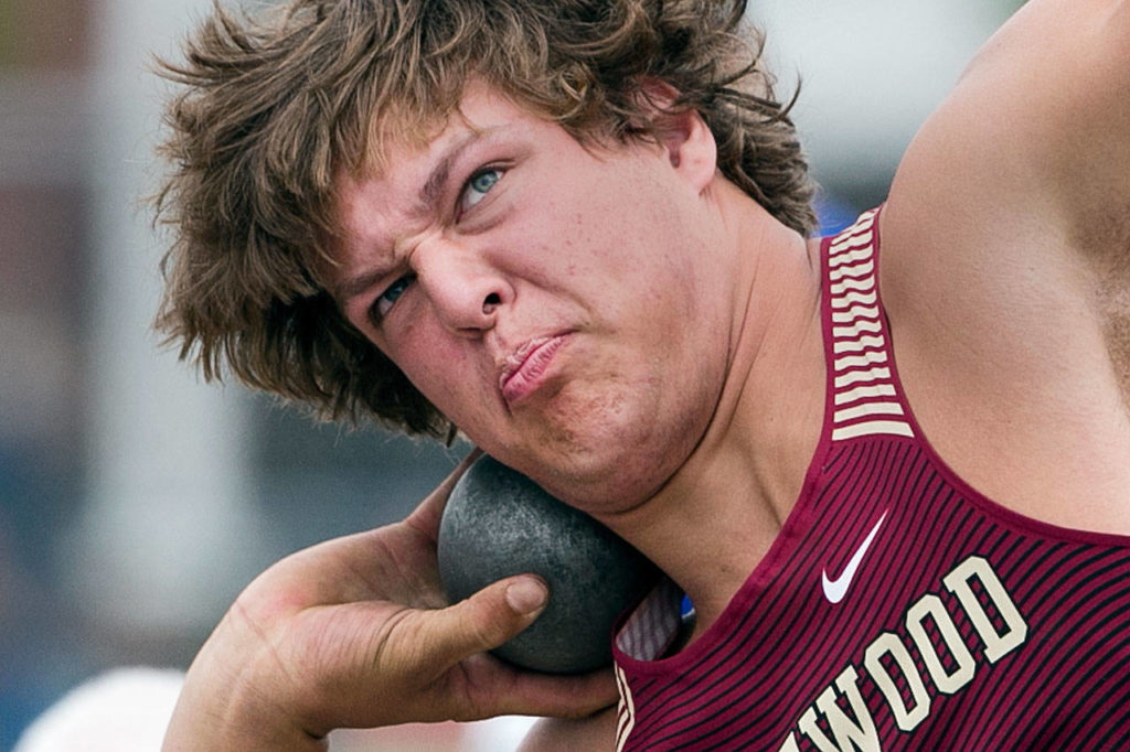 Lakewood’s Jon Cox competes in the 2A shot put during the state track and field championships on May 25, 2018, at Mount Tahoma High School in Tacoma. (Kevin Clark / The Herald)
