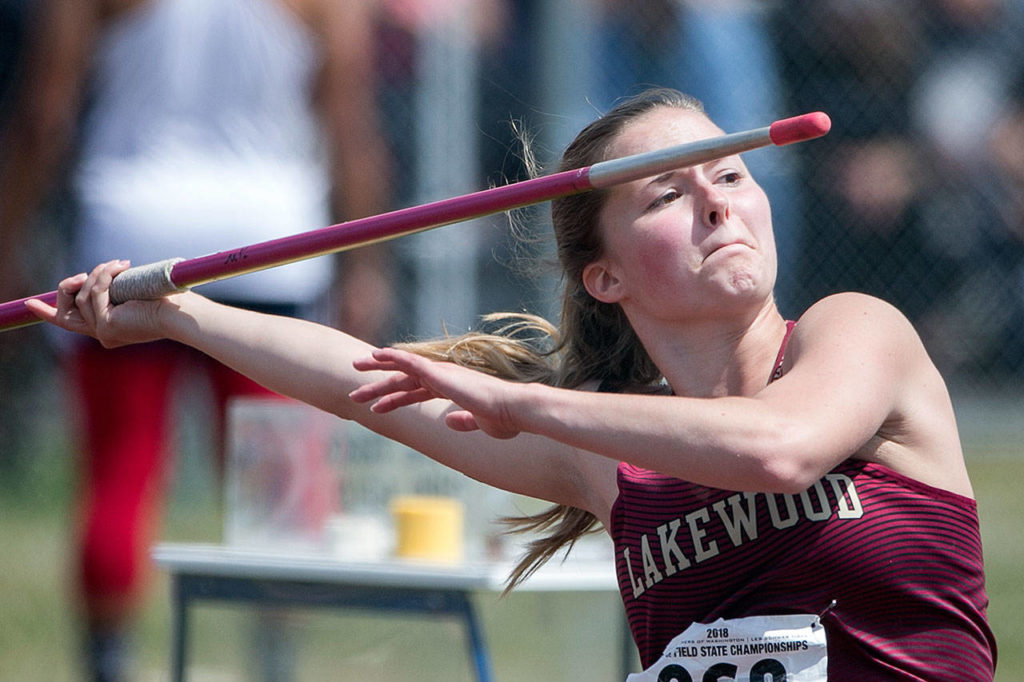 Lakewood’s Paige Shimkus competes in the 2A javelin during the state track and field championships on May 25, 2018, at Mount Tahoma High School in Tacoma. (Kevin Clark / The Herald)
