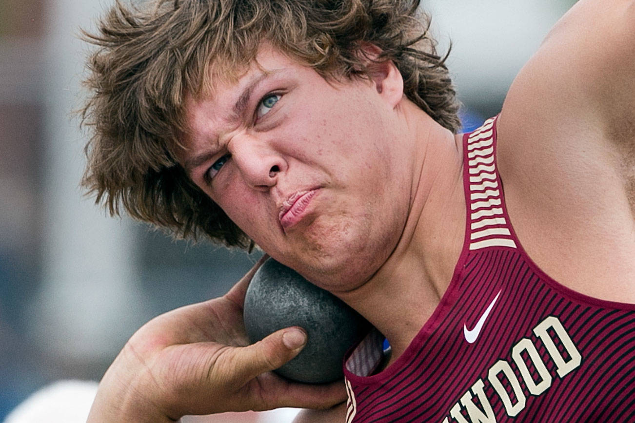 Lakewood’s Jon Cox competes in the 2A shot put to place third Friday afternoon on the second of State Track & Field Championship at Mount Tahoma High School in Tacoma on May 25, 2018. (Kevin Clark / The Herald)