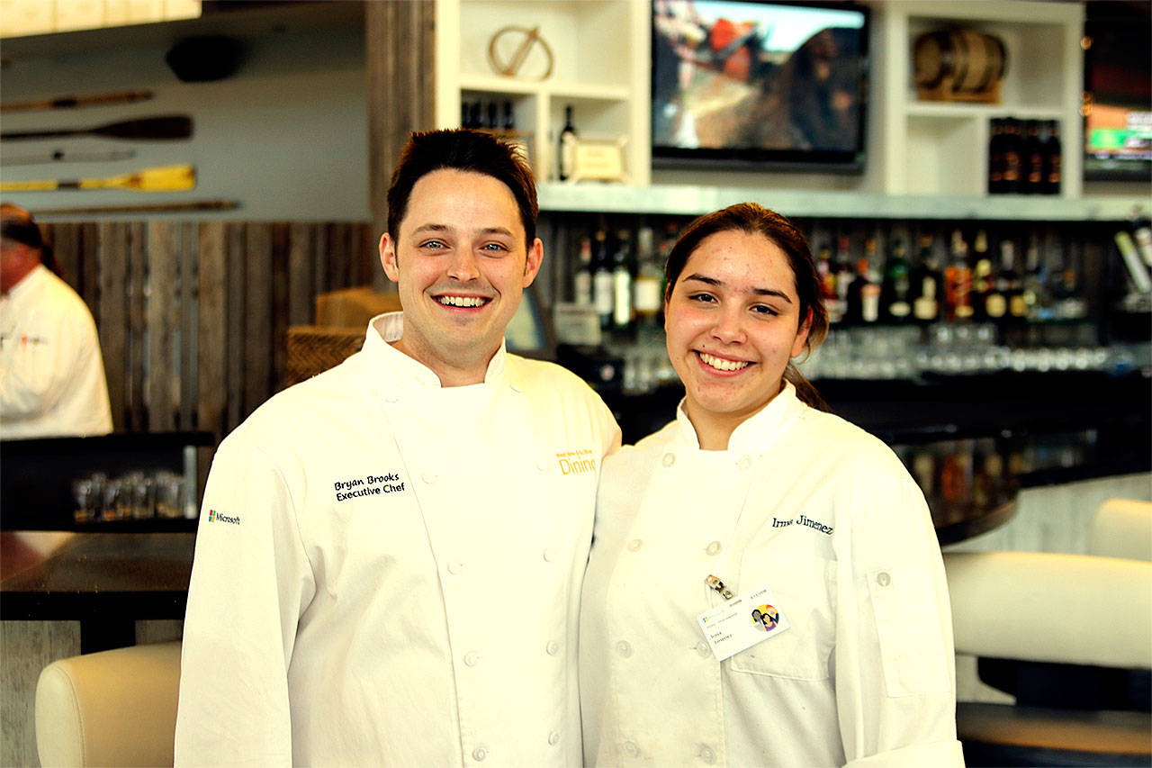 Edmonds Community College culinary arts student Irma Jimenez (right) partnered with Dining at Microsoft chef Bryan Brooks to create the winning dish at a recent competition co-sponsored by the James Beard Foundation. (Contributed photo)