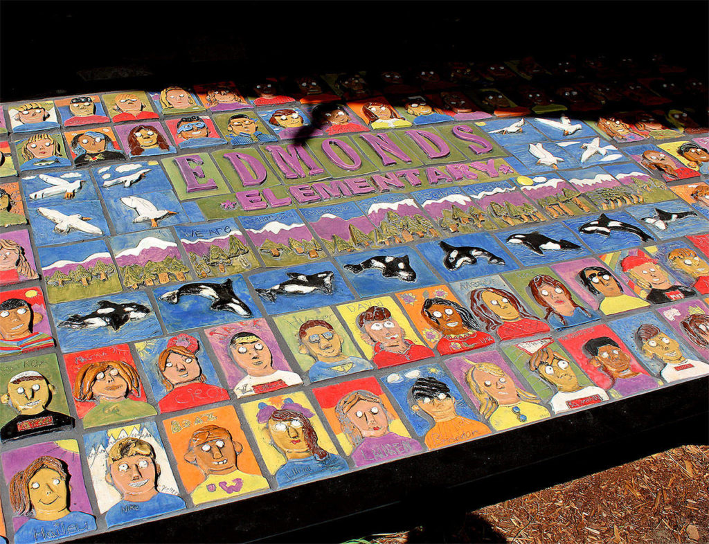Students helped create the portraits in a mural created by artists Mike O’Day and Julie Perrine for Edmonds Elementary School. (Contributed photo)
