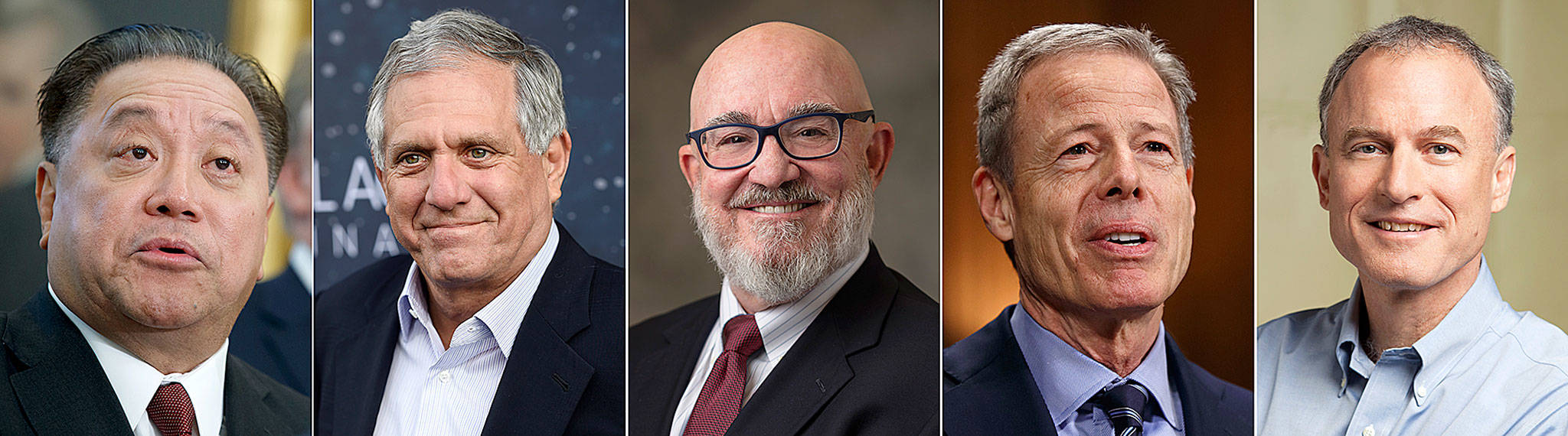 The five highest-paid CEOs at big U.S. firms are (from left) Hock Tan, Broadcom, $103.2 million; Leslie Moonves, CBS, $68.4 million; Nicholas Howley, TransDigm, $61 million; Jeffrey Bewkes, Time Warner, $49 million and Stephen Kaufer, TripAdvisor, $43.2 million. (AP Photo)