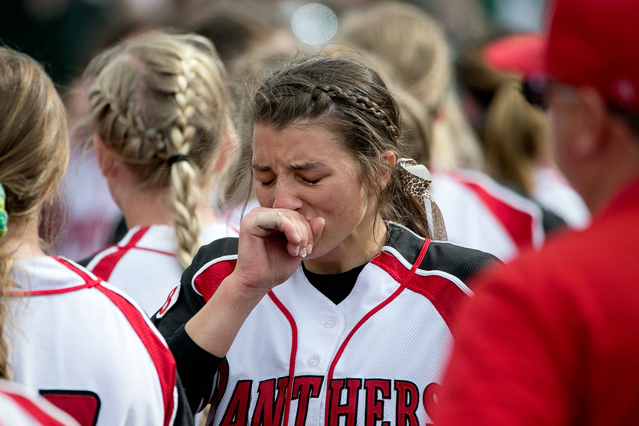 Snohomish’s Bailey Greenlee reacts Saturday after the Panthers lost to Bonney Lake in the 3A softball championship game at the Regional Athletic Complex in Lacey. (Kevin Clark / The Herald)