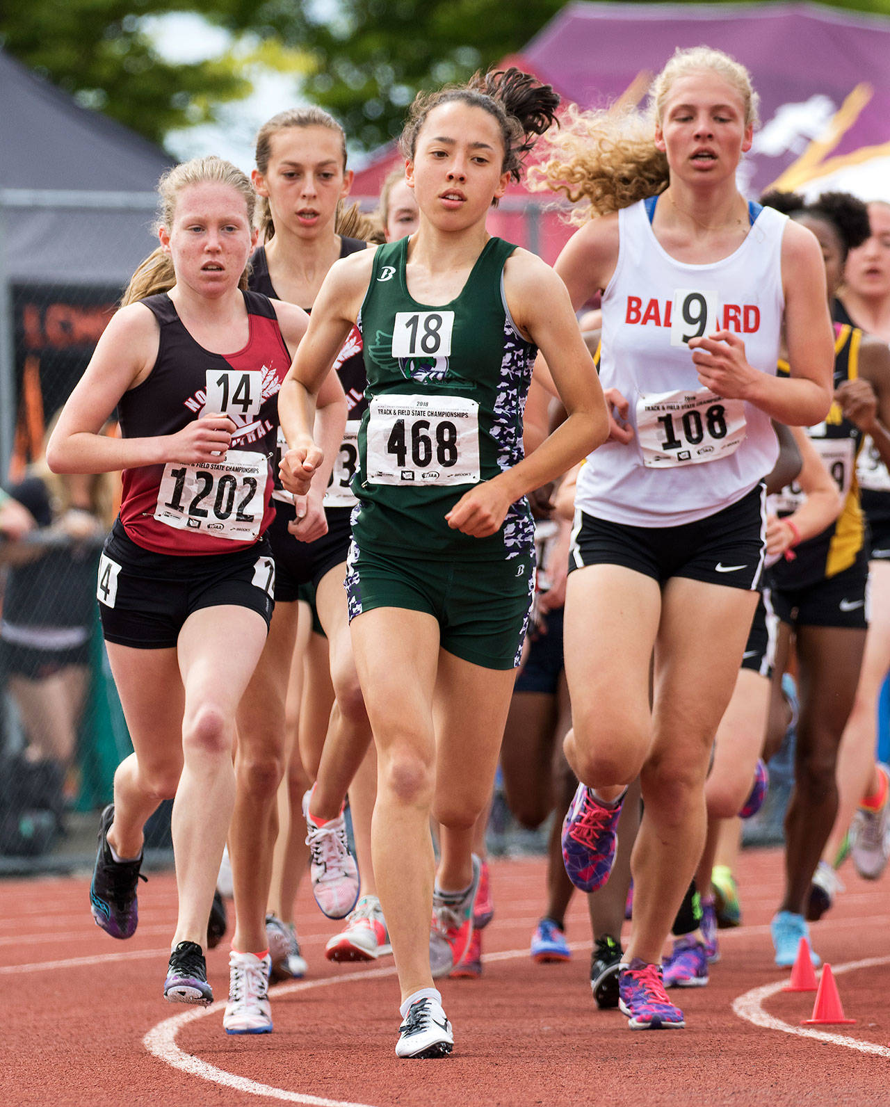 Edmonds-Woodway’s Yukino Parle (468) leads the pack on her way to winning the Class 3A girls 3200 Saturday the Washington State Track and Field Championships in Tacoma. (Photos by Patrick Hagerty)