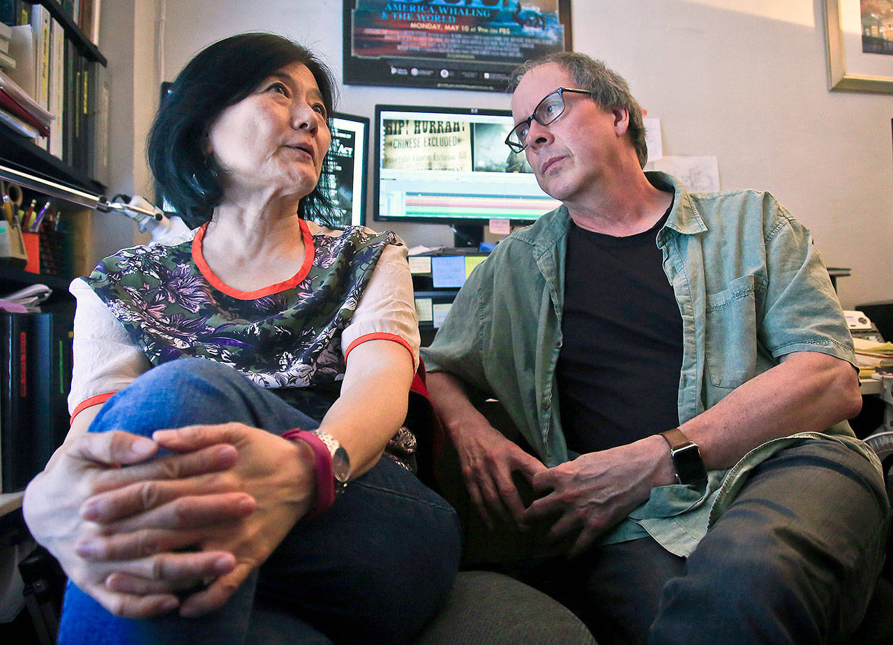 Filmmakers Li-Shin Yu and Ric Burns discuss their new PBS documentary “The Chinese Exclusion Act,” during an interview May 15 in New York. (AP Photo/Bebeto Matthews)