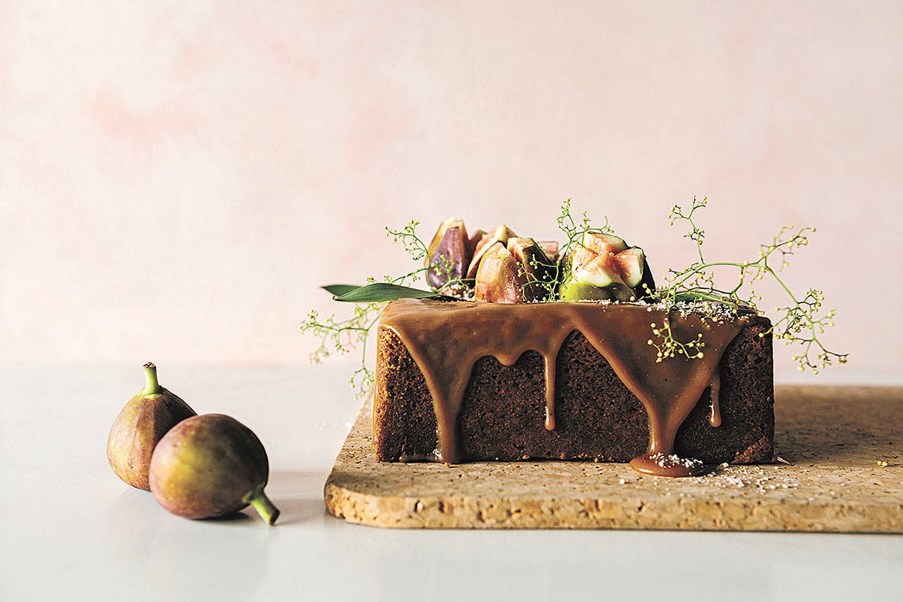 Serve porcini caramel and chestnut cake topped with slices of fresh figs and a sprig of field flowers. (Photo by Elisa Watson)