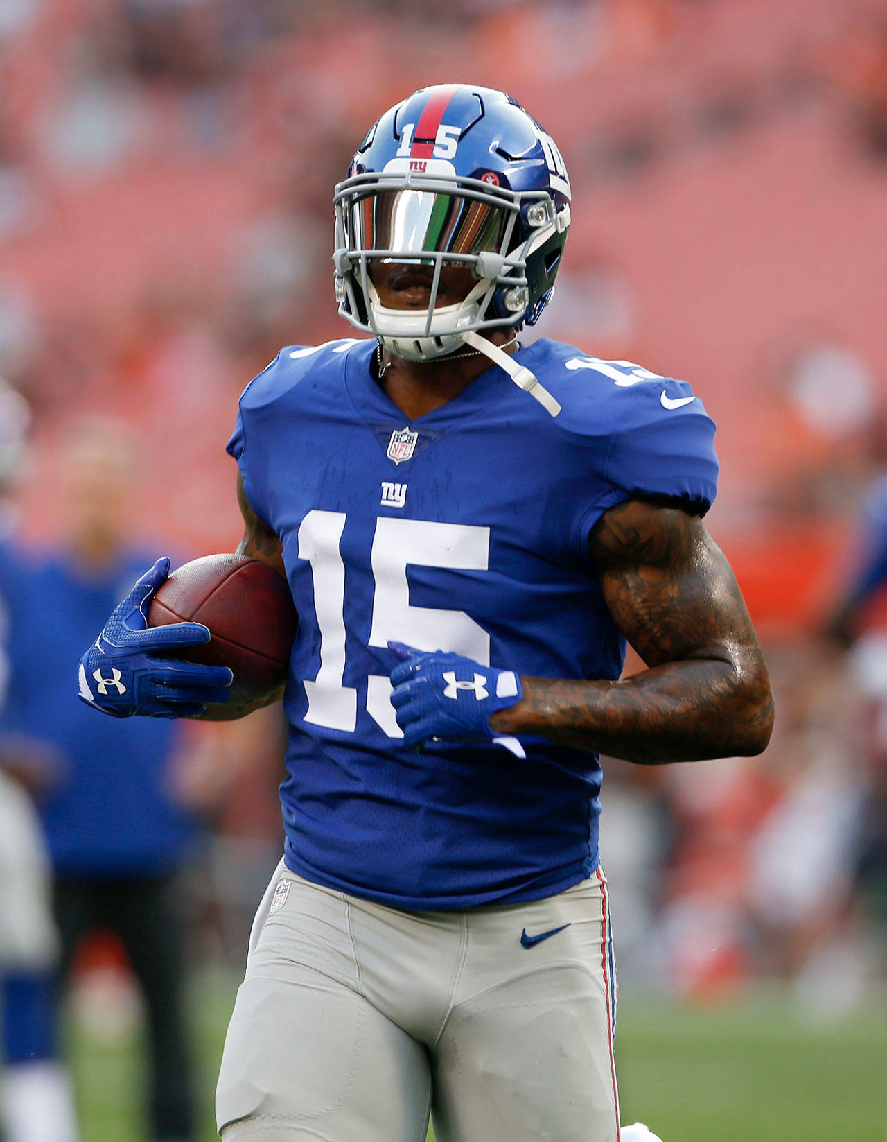New York Giants wide receiver Brandon Marshall warms up before a preseason NFL game against the Cleveland Browns in August. (AP Photo/Ron Schwane)