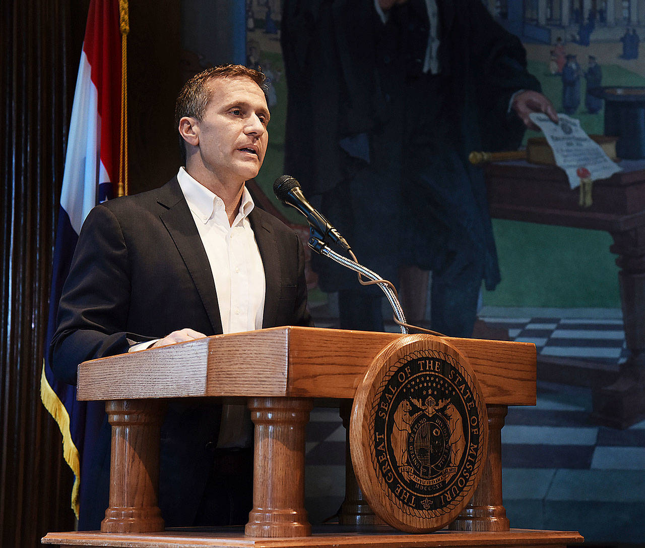 Missouri Gov. Eric Greitens announces his resignation Tuesday at the state Capitol, in Jefferson City, Missouri. (Julie Smith/The Jefferson City News-Tribune)