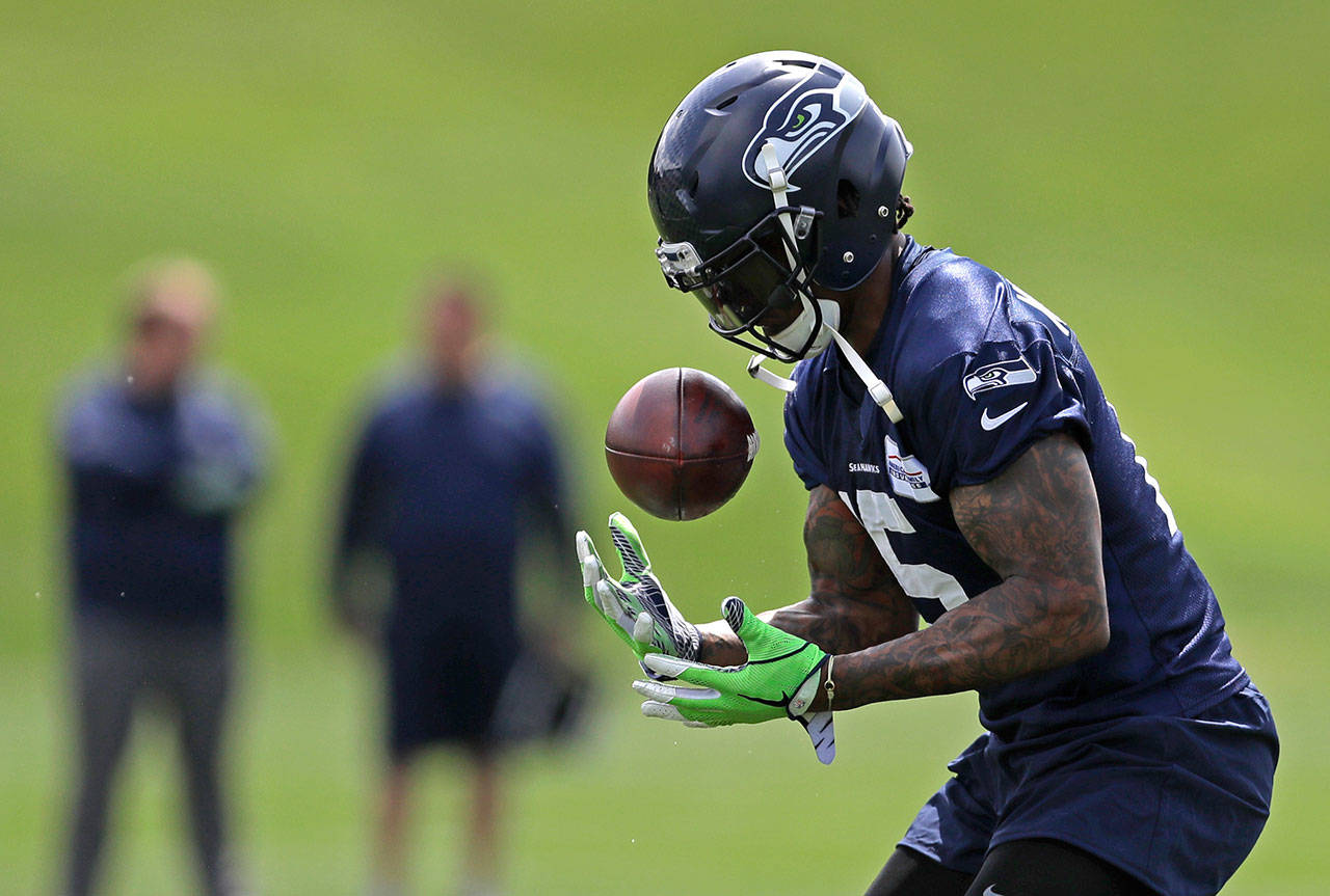 Seahawks wide receiver Brandon Marshall makes a catch during a practice on May 30, 2018, in Renton. (AP Photo/Ted S. Warren)