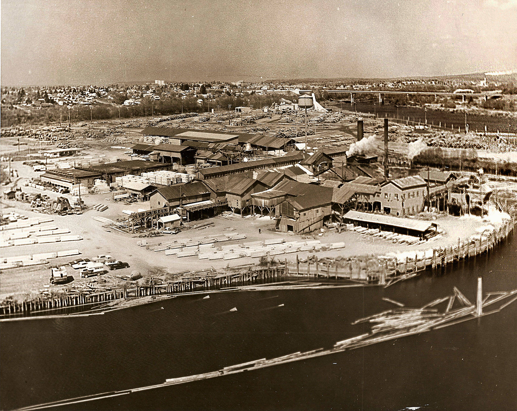 A large sawmill operation on the bank of the Snohomish River in northeast Everett