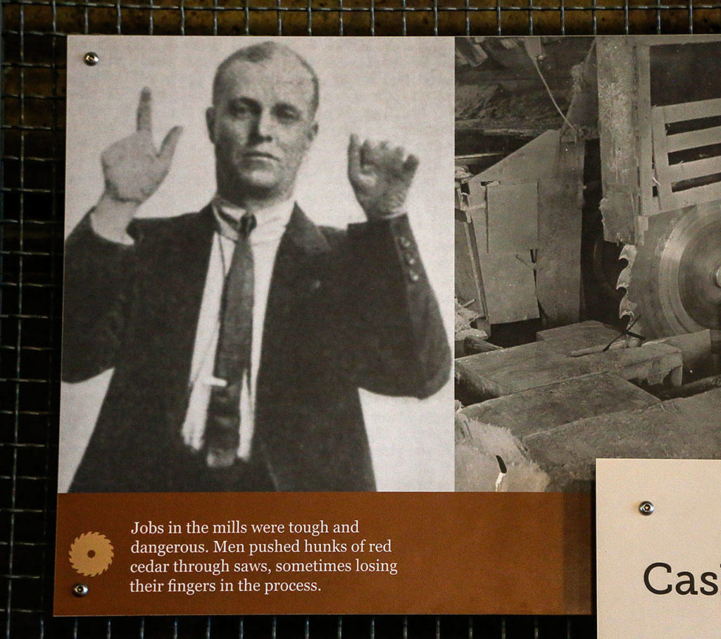 On a wall at the Port of Everett are large historical displays, including some on the mills. One eye-catching photo references a cedar shingle cutter who lost most of his fingers. (Dan Bates / The Herald)
