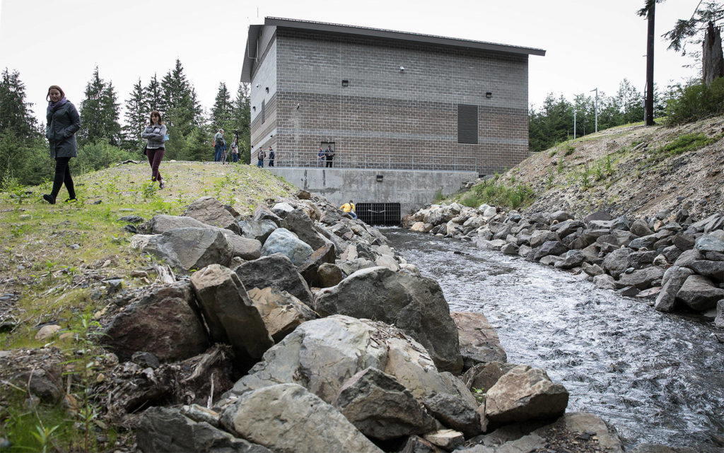 Water is returned to the creek after producing power at the Calligan Creek Hydro Project powerhouse in King County. (Lizz Giordano / The Herald)
