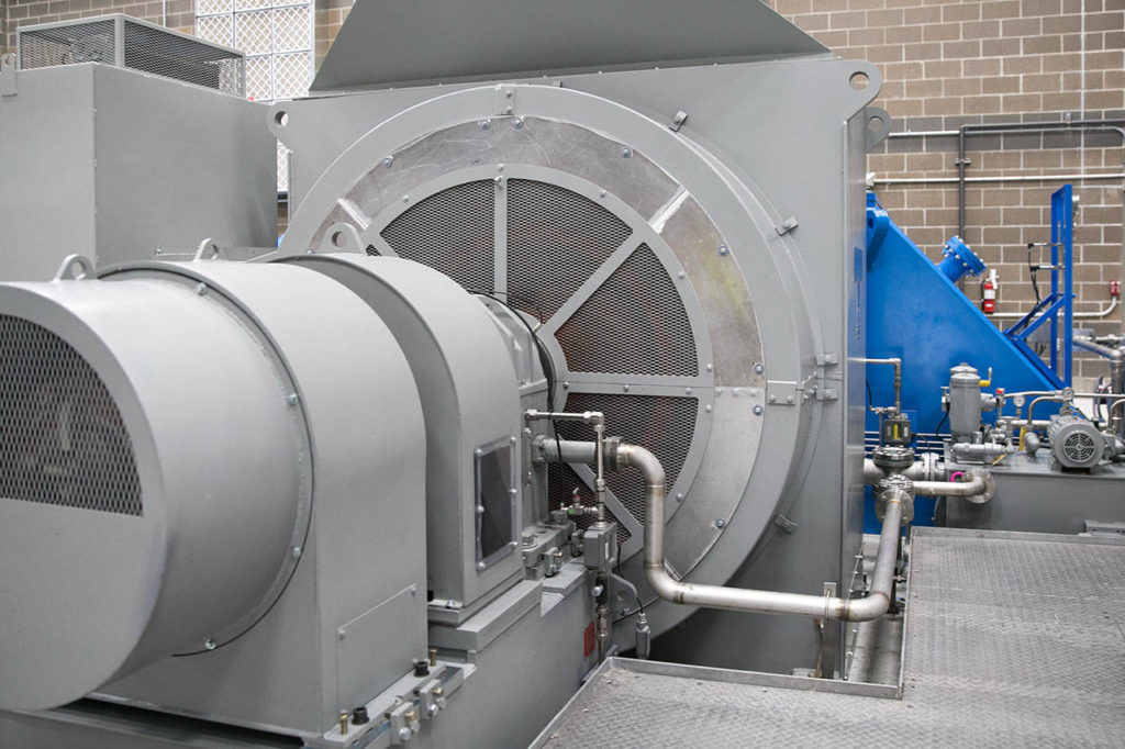 The turbine inside the Calligan Creek Hydro Project powerhouse, located in King County, will be able to power about 5,000 homes. (Lizz Giordano / The Herald)
