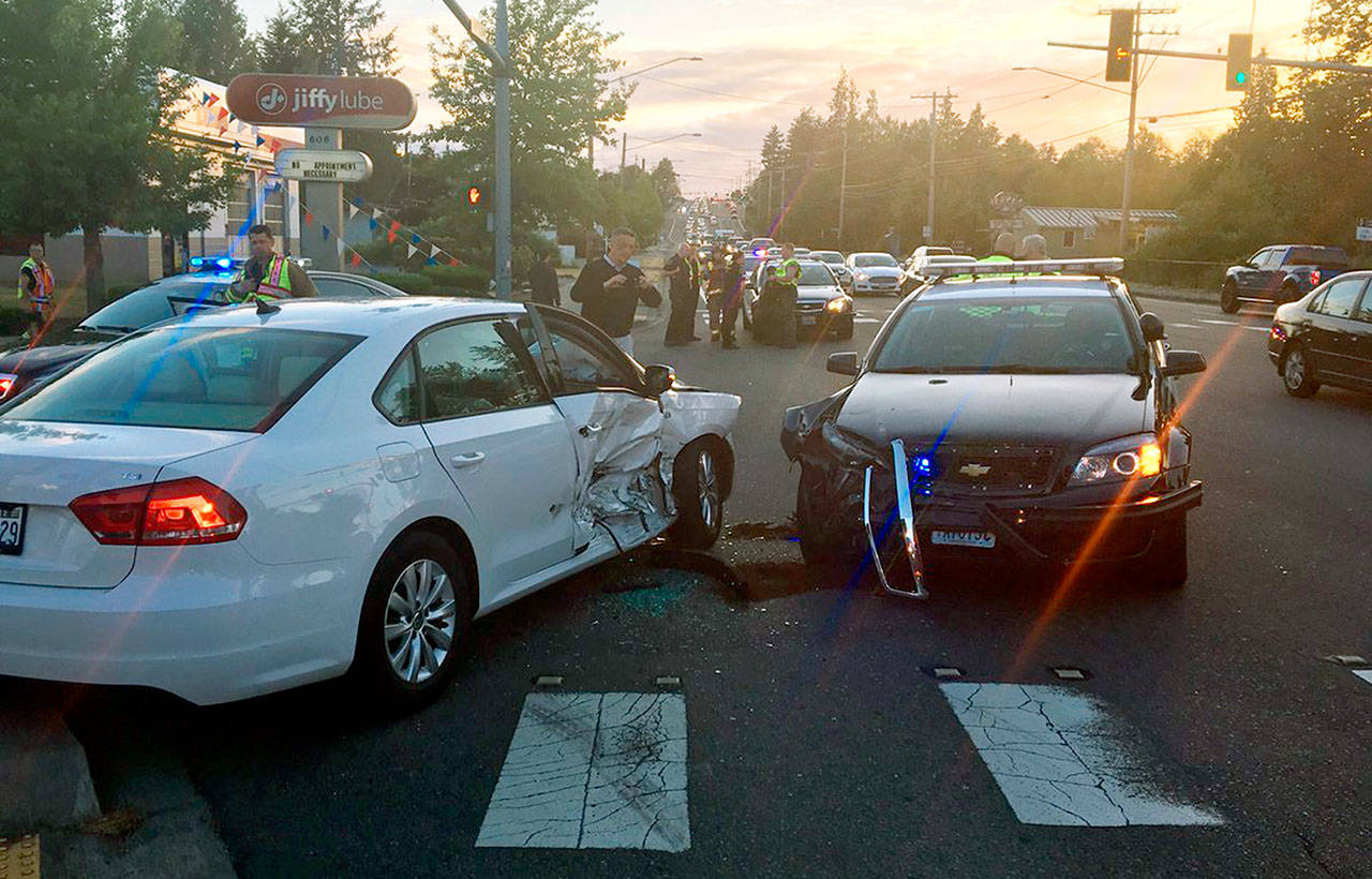 The scene of a collision near Lynnwood that involved a patrol car. (Snohomish County Sheriff’s Office)