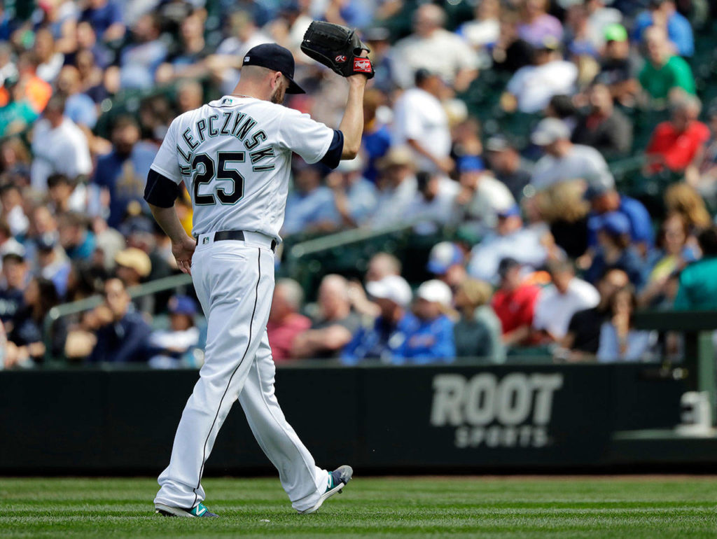Mariners reliever Marc Rzepczynski walks off the field after he was pulled from a game against the Rangers during the ninth inning on May 16, 2018, in Seattle. (AP Photo/Ted S. Warren)
