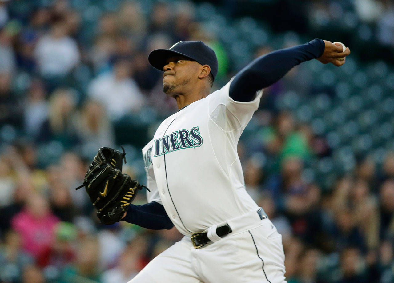 The Mariners’ Roenis Elias pitches against the Athletics during a game in 2015. After being traded to the Red Sox in 2015, Seattle re-acquired Elias earlier this season. (AP Photo/Ted S. Warren)