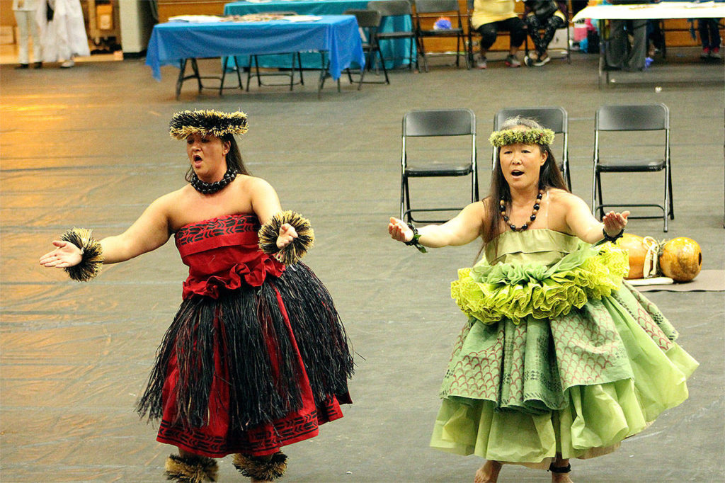 Members of the Na Lei O Manu’ a Kepa Hawaiian Dancers perform at a Festival of World Cultures, held May 18 at Totem Middle School in Marysville. (Contributed photo)
