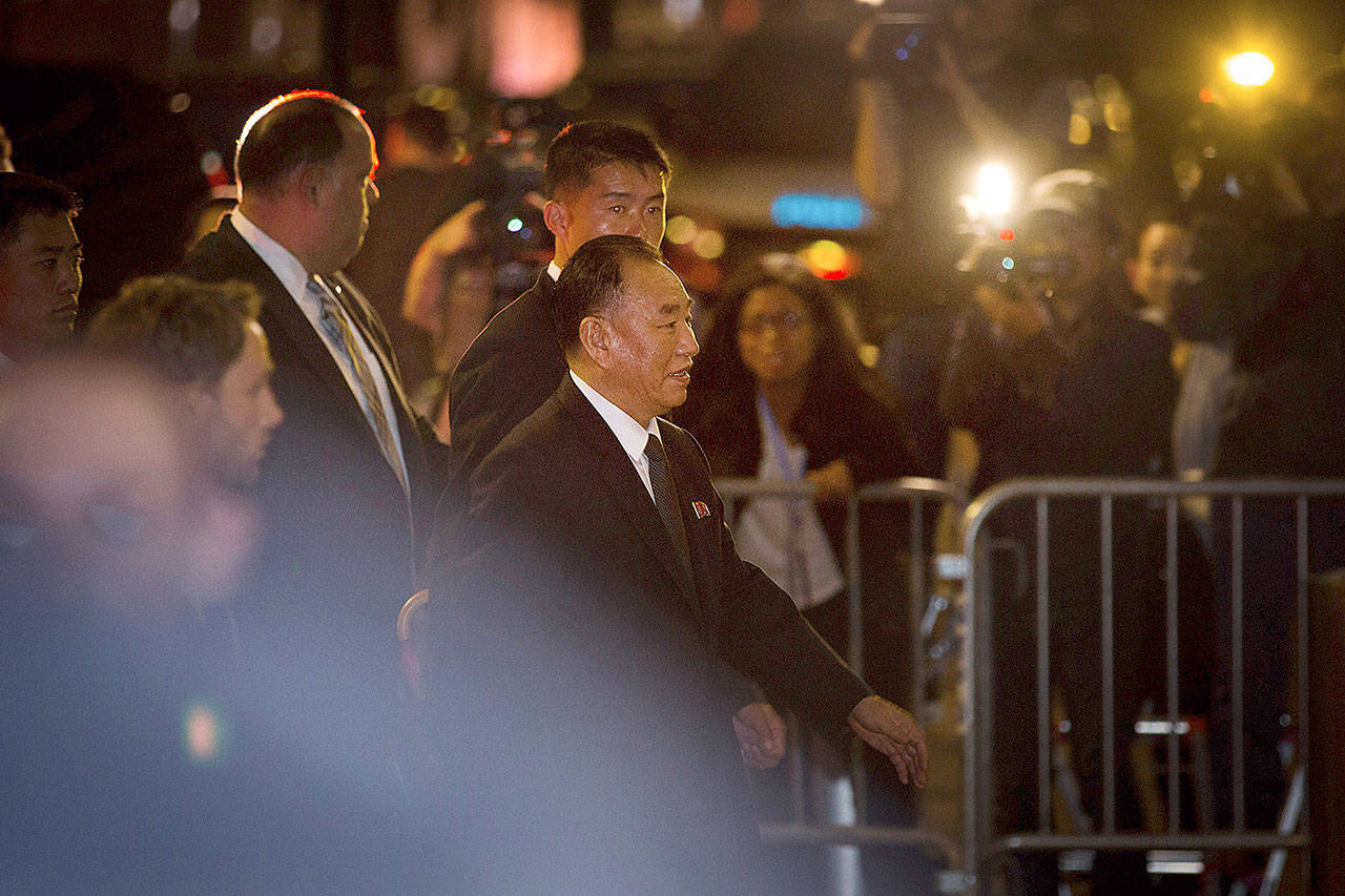 Kim Yong Chol, the vice chairman of the North Korean ruling party’s central committee, arrives at his hotel Friday, evening in New York. Earlier in the day, Kim Yong Chol met with President Donald Trump in Washington. (AP Photo/Kevin Hagen)