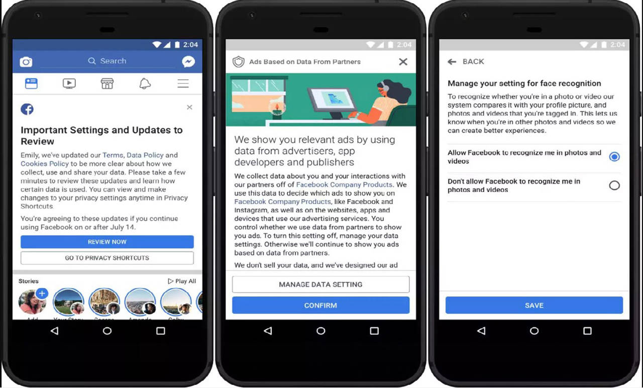 In the weeks ahead, Facebook will pop up in your News Feed with a call to review some settings. It won’t change your defaults — but it’s a good reminder you should change them by tapping manage data settings. (Facebook screenshot)