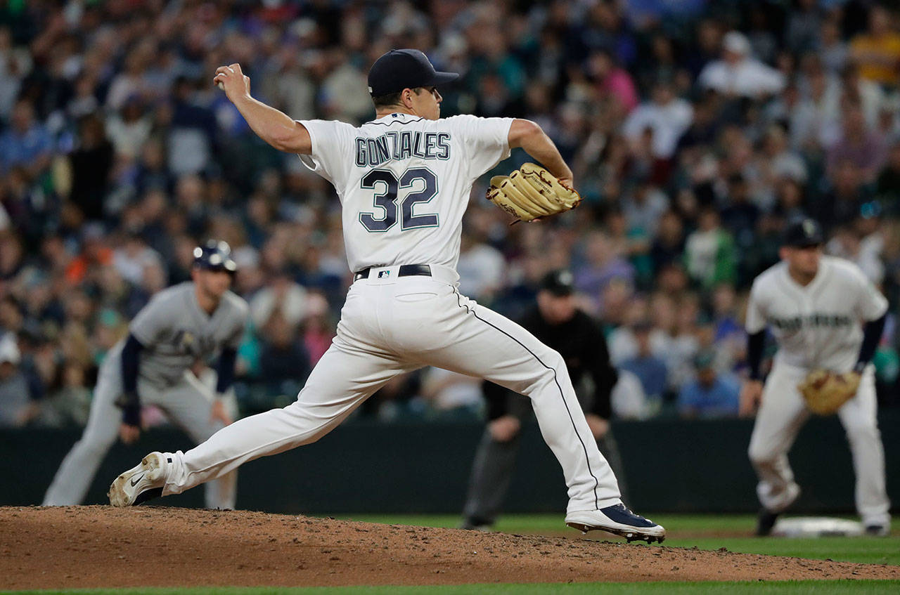 Seattle’s Marco Gonzales throws a pitch in the sixth inning of Saturday’s game at Safeco Field. (AP Photo/Ted S. Warren)