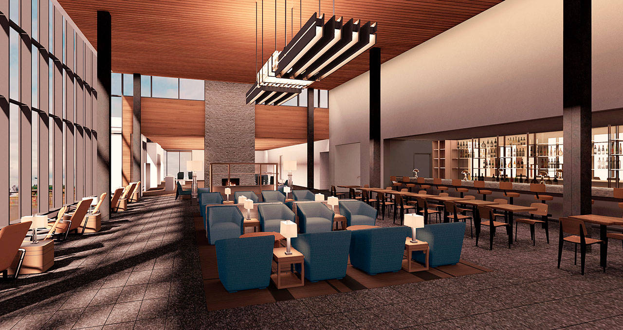 An artist’s rendering of the interior of Propeller Airports’ planned passenger terminal at Paine Field in Everett. (Courtesy of Propeller Airports)