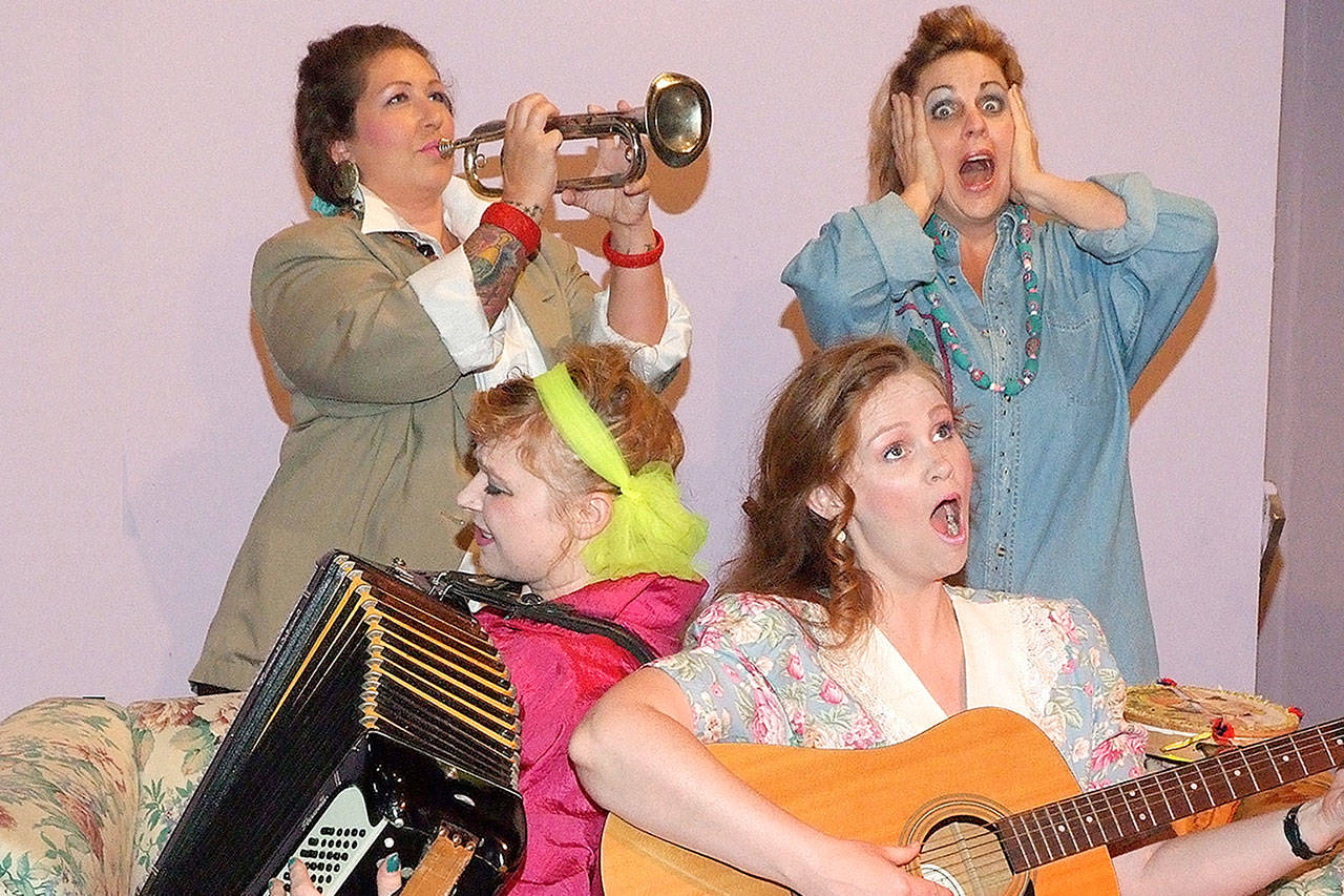 Clockwise from top left, Wendi (Codie Wyatt Clark), Carol (Jenny Price), Bev (Britta Grass) and Jetta (Hilary Erlandson) test their latent musical skills in “Angry Housewives,” running through June 17 at Red Curtain Arts Center in Marysville. (Photo by Kenny Randall)