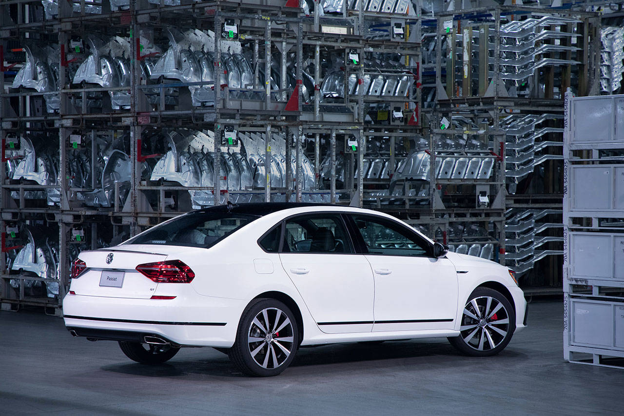 A blacked-out roof, spoiler, mirrors and window trim are part of the GTI-inspired exterior touches on the new Volkswagen Passat GT model for 2018. (Manufacturer photo)