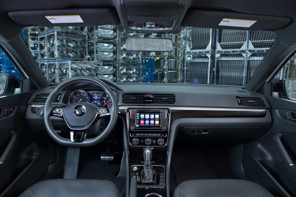 The view out the windshield in this photo may be busy and cluttered, but the interior of the 2018 Volkswagen Passat GT is neat and clean. (Manufacturer photo)
